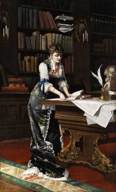 Junge Frau bei der Lektüre in einem Bibliotheksraum von Unbekannt Unbekannt